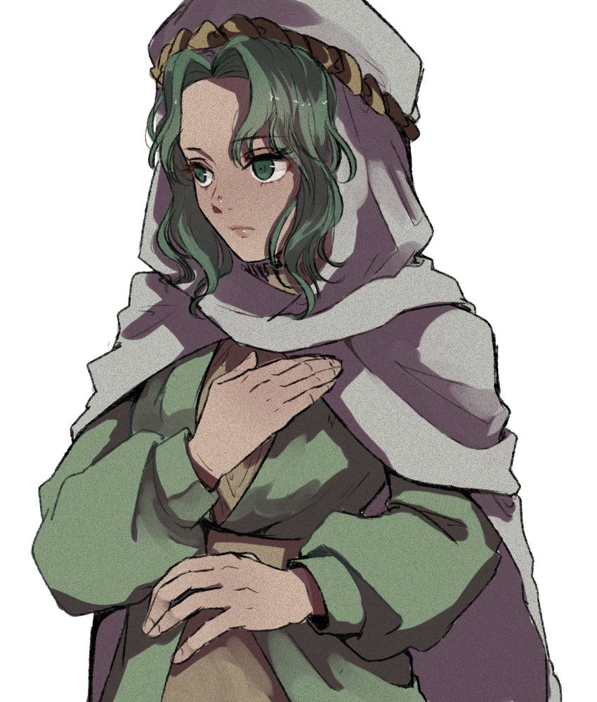 1girl cape chikefu dress fire_emblem fire_emblem:_thracia_776 green_dress green_eyes green_hair hand_on_own_chest highres hood looking_to_the_side medium_hair safy_(fire_emblem) simple_background solo white_cape