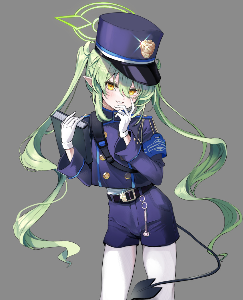 1girl absurdres belt black_belt black_hat black_jacket black_shorts black_tail blue_archive blush buttons cowboy_shot demon_tail double-breasted g1_(user_tjwy5444) gloves green_hair green_halo grey_background grin hair_between_eyes halo hat highlander_twintails_conductor_(blue_archive) highres jacket long_hair long_sleeves looking_at_viewer pantyhose peaked_cap pointy_ears shorts simple_background smile solo tail twintails white_gloves white_pantyhose yellow_eyes