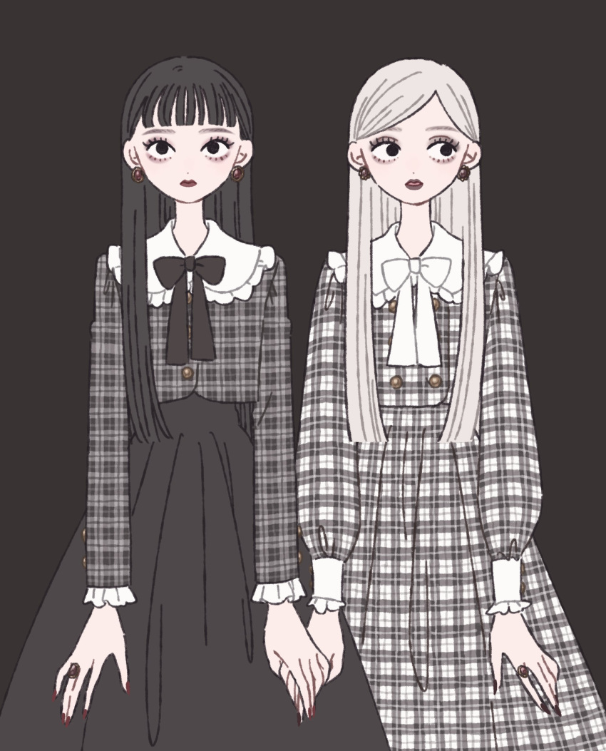 2girls absurdres black_background black_bow black_eyes black_hair black_nails black_shirt black_skirt black_sleeves blunt_bangs bow bowtie buttons collar collared_shirt cowboy_shot dress earrings eyeshadow frilled_shirt_collar frilled_sleeves frills grey_dress grey_sleeves high-waist_skirt highres holding_hands jewelry lipstick long_hair long_sleeves looking_at_viewer looking_to_the_side makeup multiple_girls nail_polish original parted_lips pink_eyeshadow plaid plaid_gloves plaid_shirt plaid_sleeves purple_lips red_nails rikuwo ring shirt simple_background single_sidelock skirt straight-on straight_hair white_bow white_bowtie white_collar white_hair