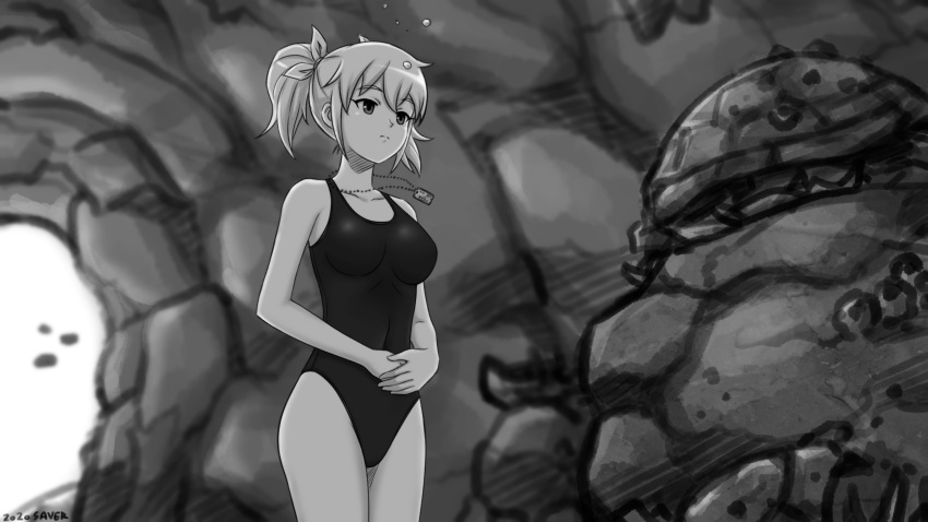 1girl absurdres air_bubble artist_name blurry blurry_background bow breasts bubble cave_interior collarbone english_commentary expressionless greyscale hair_bow highres jewelry medium_breasts monochrome necklace one-piece_swimsuit original rock saver_(artbysaver) swimsuit thighs twintails underwater