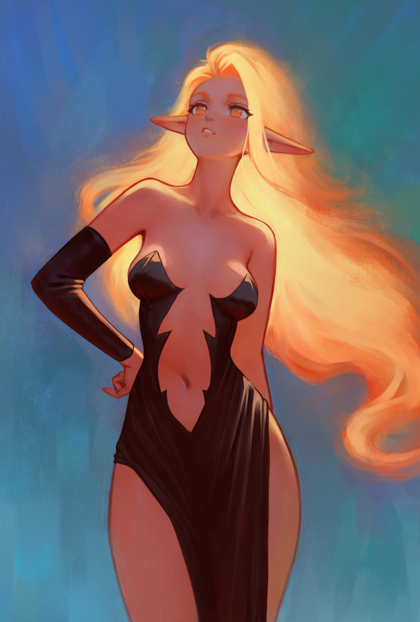 bare_shoulders black_dress blonde_hair blue_background breasts breasts_apart detached_sleeves dress dungeons_&amp;_dragons glowing glowing_hair highres long_hair medium_breasts navel original plunging_neckline pointy_ears shchrit strapless strapless_dress yellow_eyes