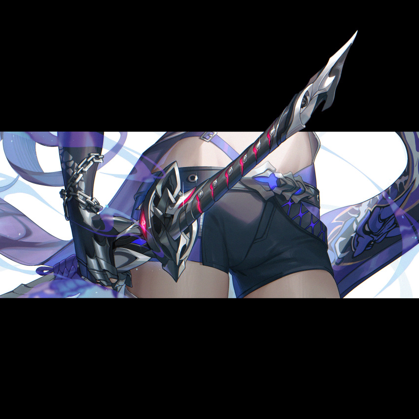 1girl absurdres acheron_(honkai:_star_rail) artofmiin black_shorts chain coattails highres holding holding_sword holding_weapon honkai:_star_rail honkai_(series) midriff navel oni ootachi scabbard sheath sheathed short_shorts shorts solo stomach sword thighs weapon