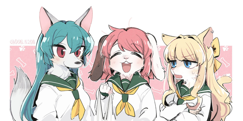 3girls an_sin animal_ears bag blonde_hair blue_eyes blue_hair border buck_teeth cat_ears cat_girl cat_tail closed_eyes fox_ears fox_girl fox_tail furrification furry furry_female hanabishi_haruka highres light_blush long_hair mahou_shoujo_ni_akogarete minakami_sayo multiple_girls open_mouth pink_background pink_hair plastic_bag rabbit_ears rabbit_girl red_eyes school_uniform serafuku simple_background smile tail teeth tenkawa_kaoruko white_border