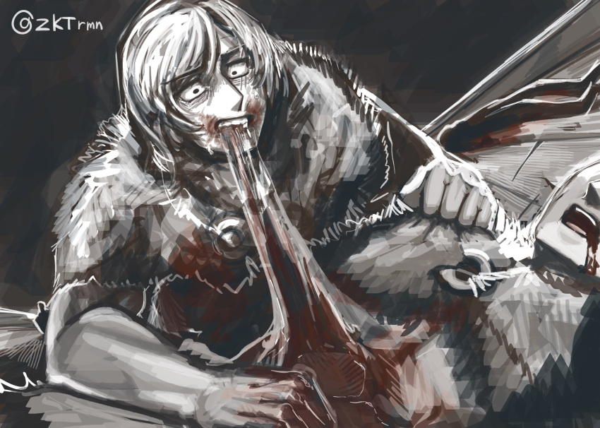 2boys blood blood_on_clothes blood_on_face cannibalism death eating fear_&amp;_hunger guro head_out_of_frame highres male_focus medium_hair monochrome multiple_boys on_floor ragnvaldr_(fear_&amp;_hunger) spot_color sweat twitter_username wide-eyed zokukotsu_ramen