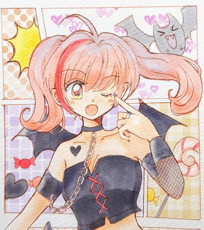 1990s_(style) 1girl ;o ahoge bare_shoulders bat_(animal) bat_wings black_choker black_nails breasts candy chain character_request choker cleavage collarbone copyright_request crop_top demon_tail fang food fukatsuki_mizuki halloween heart heart_in_eye highres jewelry lollipop looking_at_viewer midriff multicolored_hair one_eye_closed open_mouth painting_(medium) pink_hair pointing pointing_at_self pointy_ears red_hair retro_artstyle ring small_breasts solo streaked_hair symbol_in_eye tail traditional_media twintails upper_body watercolor_(medium) wings wrapped_candy