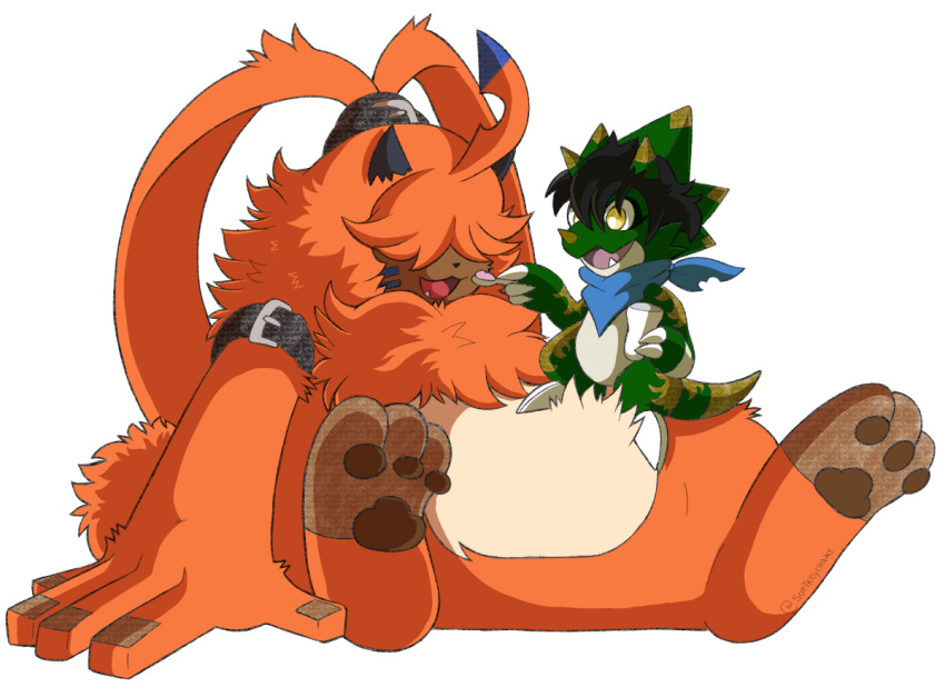 angoramon anthro bandai_namco bandanna belt black_hair digimon digimon_(species) duo fur gammamon green_body hair hair_over_eyes horn kerchief male orange_body orange_fur pawpads portugueselynx simple_background sitting size_difference smile white_background