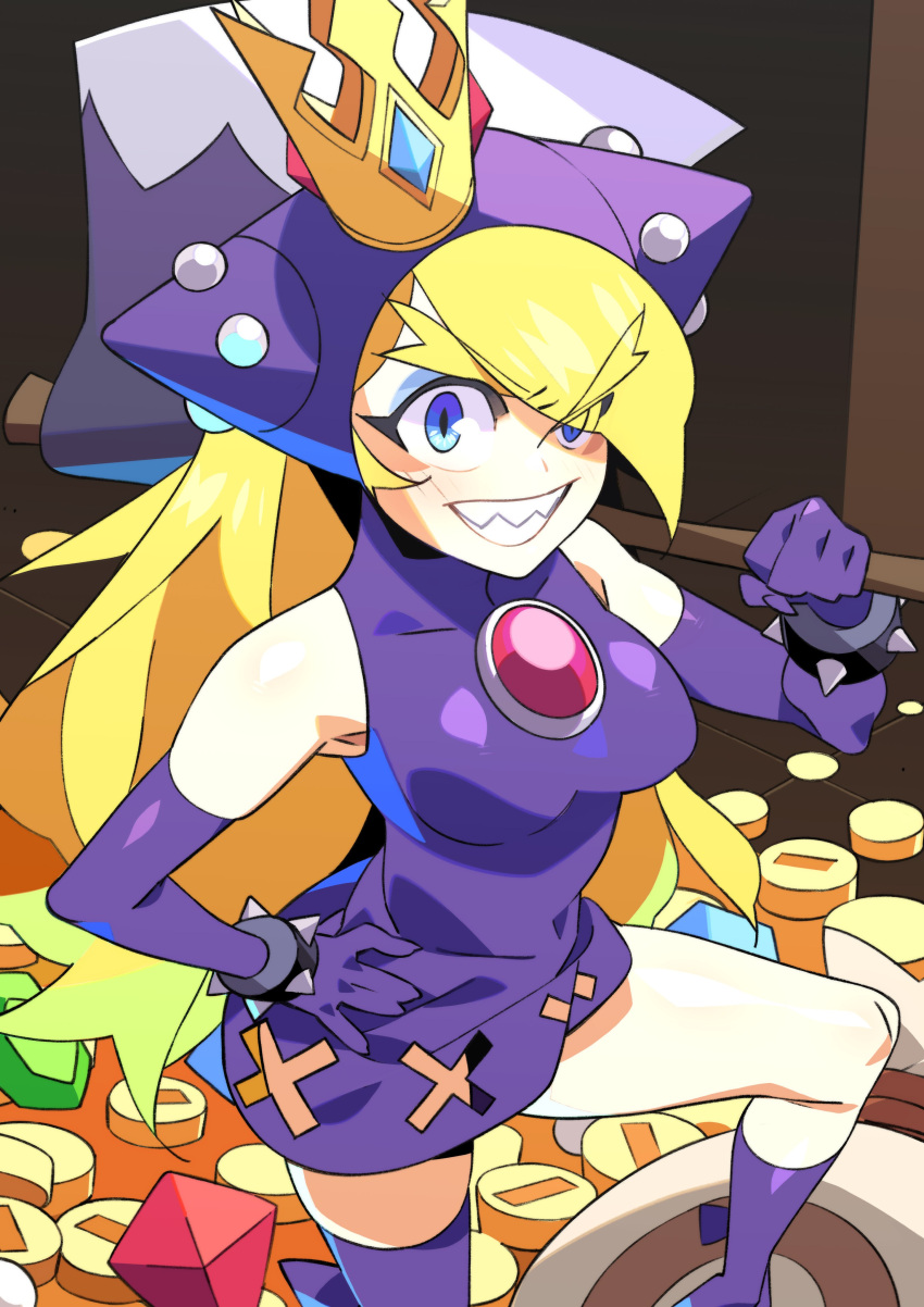 1girl absurdres axe blonde_hair blue_eyes bracelet breasts chest_jewel crown dress elbow_gloves gloves grin highres holding holding_axe hooded_dress jewelry long_hair looking_at_viewer mario_(series) mario_power_tennis mario_tennis medium_breasts purple_dress purple_footwear purple_thighhighs rakugaki_shiro sharp_teeth sleeveless sleeveless_dress smile solo solo_focus spiked_bracelet spikes stack_of_coins teeth thighhighs warupeach