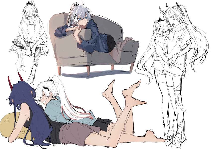 2girls absurdres barefoot black_shirt black_shorts blue_hoodie brown_shorts closed_eyes commentary_request couch drawstring grey_hoodie grin highres honkai_(series) honkai_impact_3rd hood hoodie horns hug kiana_kaslana kiana_kaslana_(herrscher_of_flamescion) legs_up long_hair long_sleeves lying moonsun77773 multicolored_hair multiple_girls multiple_views on_couch on_stomach open_mouth purple_hair raiden_mei raiden_mei_(herrscher_of_thunder) red_hair shirt short_sleeves shorts simple_background sitting sleeveless sleeveless_shirt smile streaked_hair white_background white_hair yuri