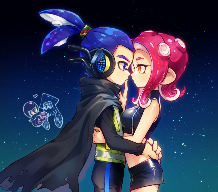 1boy 1girl absurdres agent_3_(splatoon) agent_8_(splatoon) black_cape black_headphones black_shirt black_shorts black_skirt blue_background blue_eyes blue_hair breasts cape chibi chibi_inset closed_mouth commentary_request couple cowboy_shot crop_top eye_contact face-to-face finger_to_mouth gradient_background hair_tie hand_on_another's_waist headphones heart hetero high-visibility_vest highres inkling inkling_boy inkling_player_character light_particles long_hair looking_at_another midriff miniskirt night night_sky octoling octoling_girl octoling_player_character orange_eyes ot_rihto ponytail red_hair shirt shorts single_bare_shoulder skirt sky splatoon_(series) splatoon_2 splatoon_2:_octo_expansion suction_cups tentacle_hair thick_eyebrows torn_cape torn_clothes zipper