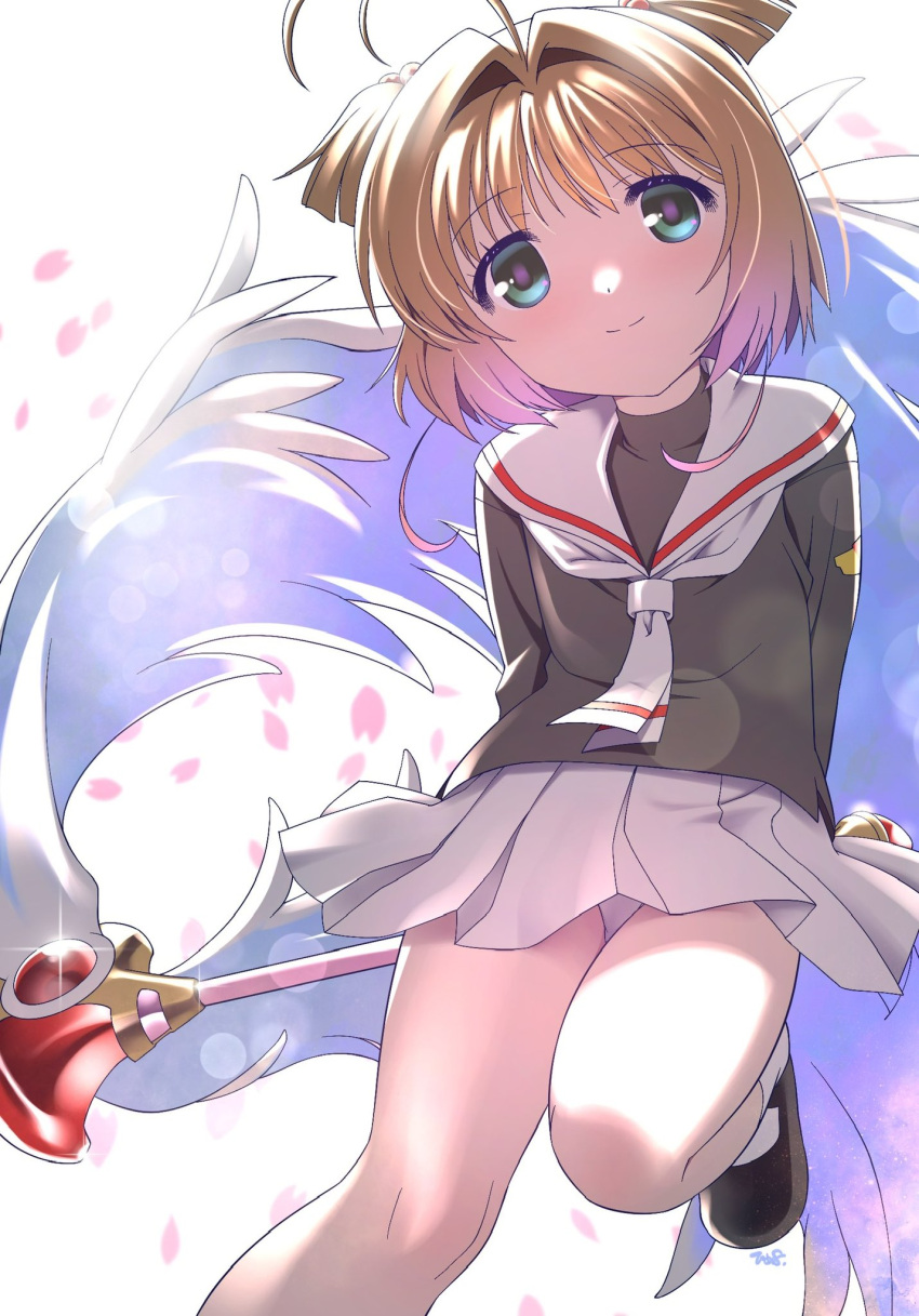 1girl antenna_hair aqua_eyes backlighting blush brown_hair cardcaptor_sakura highres himehachi_(hime8manga) holding holding_wand kinomoto_sakura looking_at_viewer panties pantyshot petals sailor_collar school_uniform short_hair skirt smile solo tomoeda_elementary_school_uniform underwear wand white_background white_panties white_sailor_collar white_skirt white_wings wings