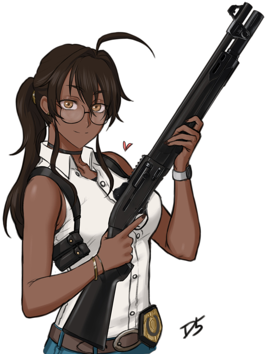 1girl absurdres ammunition_pouch antenna_hair badge belt black_nails bracelet brown_eyes brown_hair choker dark_skin drill_(emilio) earrings gun heart highres holster jewelry looking_at_viewer original ponytail pouch shotgun shoulder_holster signature sleeveless smile solo trigger_discipline watch weapon weapon_request white_background wristwatch