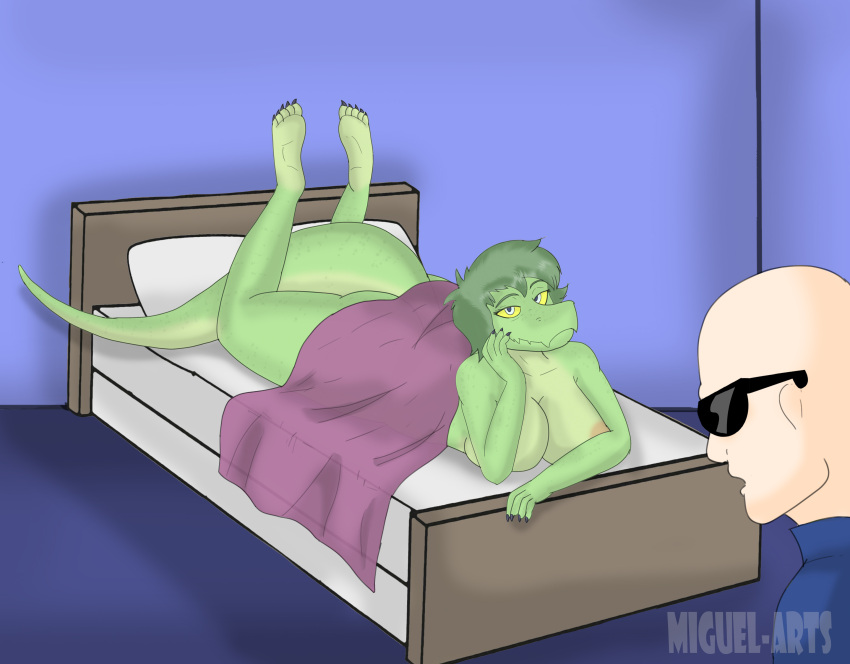 2024 5_toes absurd_res anthro areola artist_name bald baryonyx bed big_breasts breasts bubble_butt butt cavemanon_studios claws clothing detailed_background digital_drawing_(artwork) digital_media_(artwork) dinosaur duo eyelashes eyewear feet female finger_claws freckles furniture green_body green_hair green_scales grey_eyes hair hi_res human i_wani_hug_that_gator inco_(iwhtg) inside jacket light-skinned_male light_body light_skin long_tail lying male mammal miguel_arts nude olivia_halford on_bed on_front reptile scales scalie short_hair smile snout spinosaurid sunglasses tail theropod toe_claws toes topwear under_covers watermark yellow_sclera