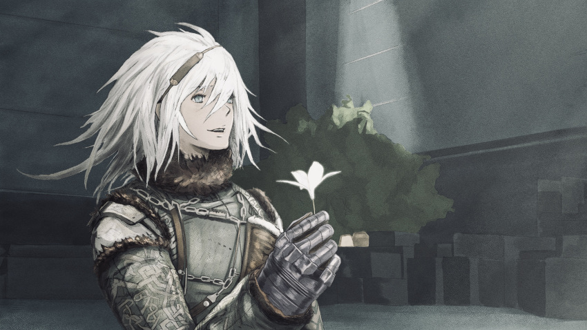 1boy absurdres armor blue_eyes eshi_(eshi_lv3) flower from_side gloves hair_between_eyes hair_ornament highres holding holding_flower long_hair looking_ahead lunar_tear male_focus monochrome nier nier_(series) nier_(young) parted_lips smile solo upper_body white_flower white_hair