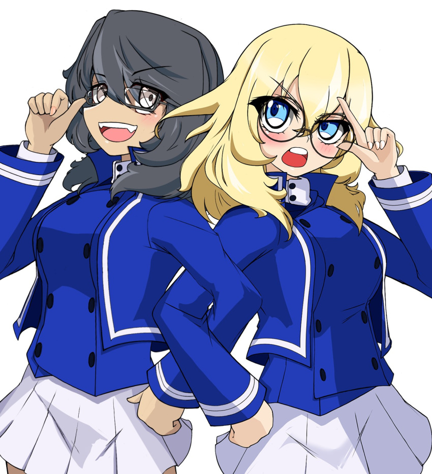 2girls adjusting_eyewear andou_(girls_und_panzer) bc_freedom_military_uniform bespectacled black-framed_eyewear black_eyes black_hair blonde_hair blue_eyes blue_jacket blue_vest dark-skinned_female dark_skin dress_shirt frown girls_und_panzer glasses hand_on_own_hip high_collar highres jacket locked_arms long_sleeves looking_at_viewer medium_hair messy_hair military_uniform miniskirt multiple_girls open_mouth oshida_(girls_und_panzer) pleated_skirt round_eyewear semi-rimless_eyewear shibainutank shirt side-by-side simple_background skirt smile standing under-rim_eyewear uniform vest white_background white_shirt white_skirt