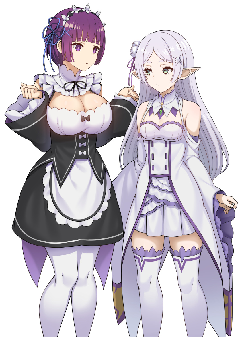 absurdres alternate_costume alternate_hair_length alternate_hairstyle apron black_dress black_ribbon blunt_bangs breasts bright_pupils cleavage clothing_cutout commentary_request cosplay detached_collar detached_sleeves dress elf emilia_(re:zero) emilia_(re:zero)_(cosplay) enmaided fern_(sousou_no_frieren) flower flower_knot frieren gem green_eyes green_gemstone grey_hair hair_flower hair_ornament highres komainu_(yamaha1997) long_hair long_sleeves maid maid_headdress neck_ribbon overskirt parted_bangs pointy_ears purple_eyes purple_ribbon ram_(re:zero) ram_(re:zero)_(cosplay) ribbon rose roswaal_mansion_maid_uniform short_eyebrows short_hair shoulder_cutout small_breasts sousou_no_frieren textless_version thighhighs white_apron white_background white_dress white_flower white_pupils white_rose white_thighhighs wide_sleeves x_hair_ornament