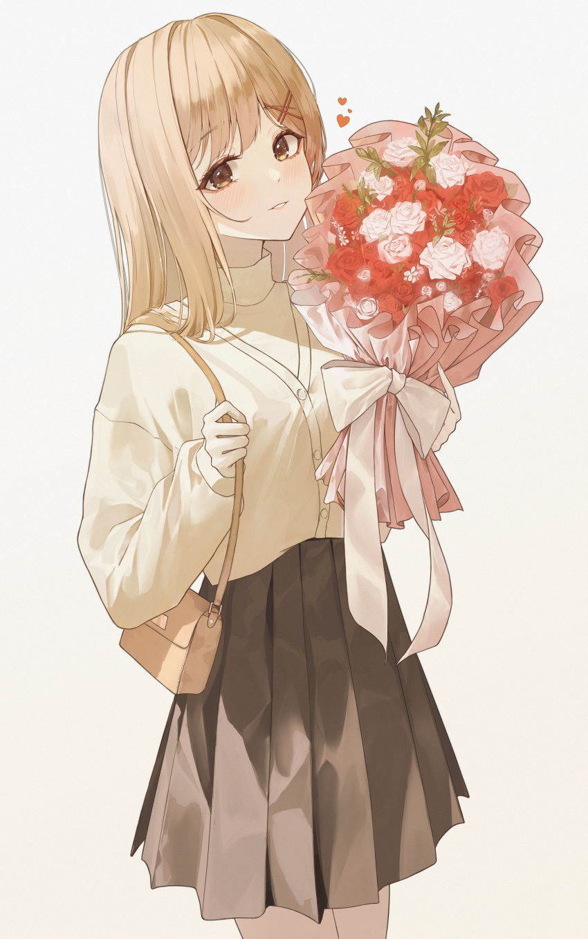 1girl absurdres bag blush bouquet bow brown_bag brown_eyes brown_skirt commentary cowboy_shot flower hair_ornament handbag heart highres holding holding_bouquet holding_strap light_brown_hair long_hair long_sleeves looking_at_viewer original parted_lips pleated_skirt red_flower red_rose ribbon rose shiina_1001 shirt simple_background skirt smile solo sweater symbol-only_commentary thick_eyelashes turtleneck turtleneck_shirt v-neck white_background white_bow white_flower white_ribbon white_rose x_hair_ornament yellow_shirt yellow_sweater