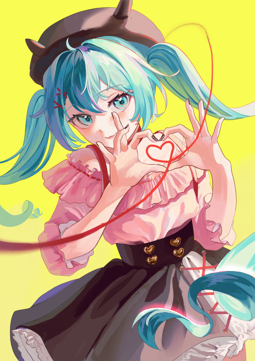 1girl 3: absurdres ahoge aqua_eyes aqua_hair beret black_beret black_nails black_skirt buttons commentary_request cross-laced_clothes cross-laced_skirt floating_hair frilled_skirt frilled_sleeves frills gradient_background hair_between_eyes hair_ornament hairclip hands_up hat hatsune_miku heart heart_button heart_hands high-waist_skirt highres jirai_kei long_hair looking_at_viewer nail_polish nemari_(user_wtca7244) pink_shirt red_ribbon ribbon shirt sidelocks simple_background skirt smile solo standing twintails vocaloid x_hair_ornament yellow_background