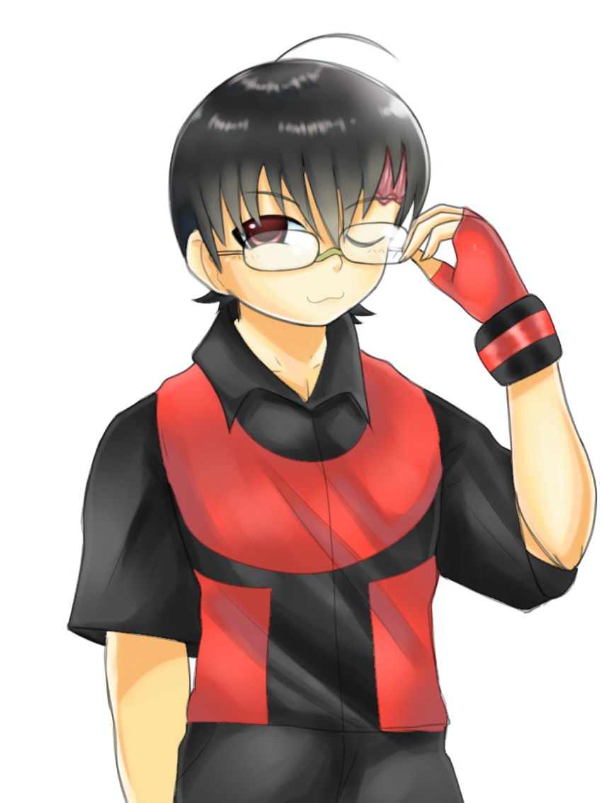 1boy 2000s_(style) :3 ahoge black_hair brendan_(pokemon) can't_be_this_cute glasses highres looking_at_viewer nintendo non-web_source pokemon pokemon_adventures pokemon_rse red_eyes scar seductive_smile short_hair smile sonasan