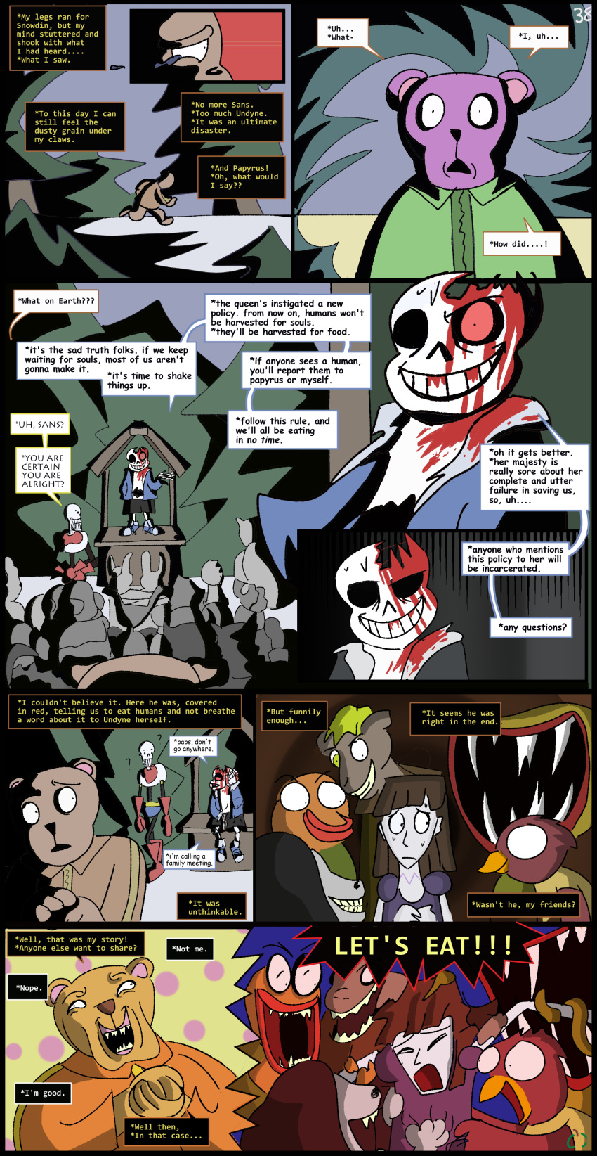 absurd_res aliza_(horrortale) alternate_universe animated_skeleton anthro bone boss_monster_(undertale) brown_hair clothed clothing comic dialogue english_text exclamation_point female female_human hair hi_res horrortale human humanoid male mammal open_mouth papyrus_(undertale) question_mark red_eyes sans_(horrortale) sans_(undertale) skeleton sour-apple-studios speech_bubble teeth text undead undertale undertale_(series) white_body