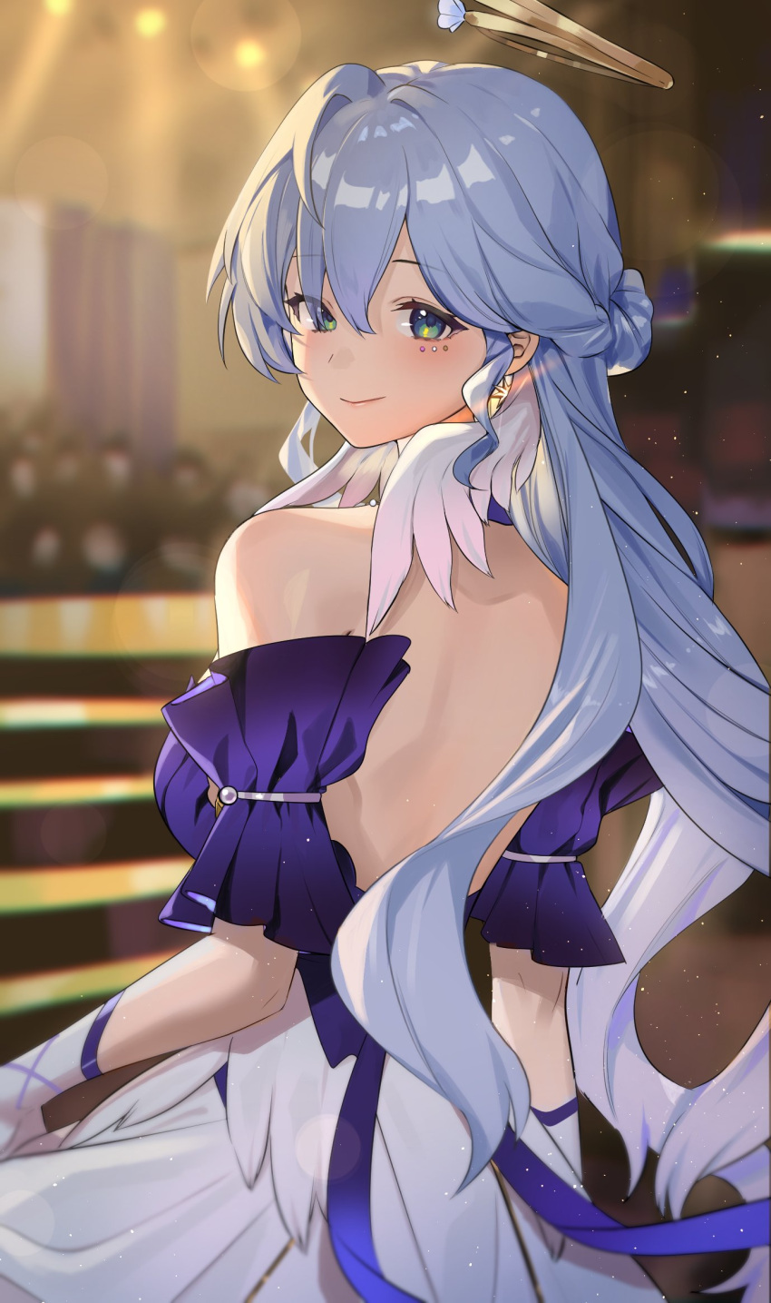 1girl backless_dress backless_outfit bare_back bare_shoulders blue_hair commentary detached_sleeves dress gloves green_eyes head_wings hievasp highres honkai:_star_rail honkai_(series) long_hair looking_at_viewer robin_(honkai:_star_rail) short_sleeves smile solo upper_body very_long_hair white_gloves wings