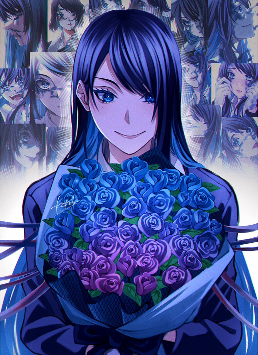 1girl ado_(utaite) blue_coat blue_eyes blue_flower blue_hair blue_rose blue_theme bouquet chando_(ado) closed_mouth cloud_nine_inc coat commentary_request flower highres holding holding_bouquet keeko_(kk_0012) long_hair long_sleeves mole mole_under_eye rose signature single_sidelock smile solo upper_body utaite wish_(ado)