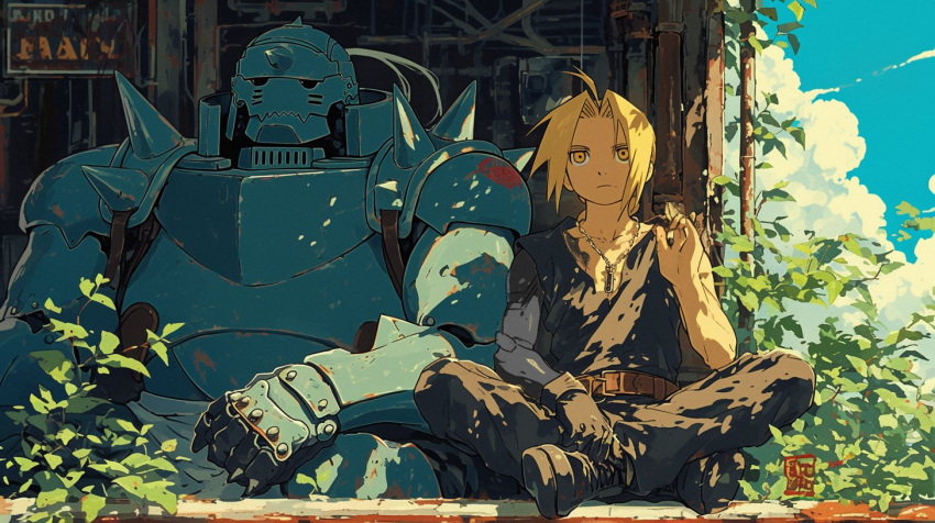 2boys alphonse_elric armor automail belt black_pants black_shirt blonde_hair blue_sky cloud edward_elric fullmetal_alchemist indian_style jewelry leaf multiple_boys pants pendant prosthesis prosthetic_arm shirt sitting sky tarte_(hodarake) yellow_eyes