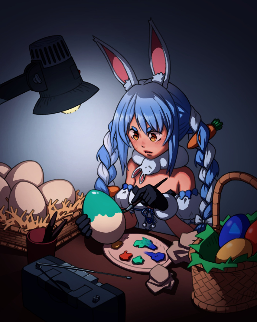 1girl absurdres animal_ear_fluff animal_ears bare_shoulders basket black_gloves black_leotard blue_hair bow braid breasts brown_eyes carrot_hair_ornament commentary detached_sleeves don-chan_(usada_pekora) dress easter egg english_commentary food-themed_hair_ornament furin94 gloves hair_bow hair_ornament highres holding holding_egg holding_paintbrush hololive lamp leotard long_hair multicolored_hair paintbrush palette_(object) puffy_short_sleeves puffy_sleeves rabbit_ears short_eyebrows short_sleeves small_breasts solo stereo strapless strapless_dress strapless_leotard table thick_eyebrows twin_braids twintails two-tone_hair usada_pekora usada_pekora_(1st_costume) v-shaped_eyebrows very_long_hair virtual_youtuber white_bow white_dress white_hair white_sleeves