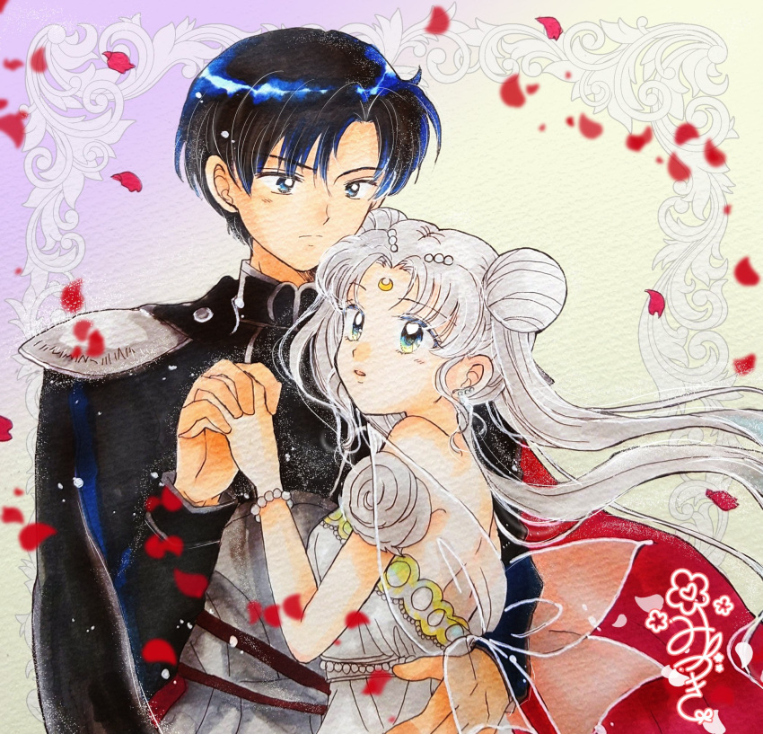 1990s_(style) 1boy 1girl armor back back_bow backless_dress backless_outfit bead_bracelet beads bishoujo_senshi_sailor_moon black_coat black_hair blue_eyes bow bracelet cape chiba_mamoru coat couple crescent crescent_facial_mark double_bun dress endymion_(sailor_moon) facial_mark falling_petals forehead_mark fukatsuki_mizuki hair_bun hetero highres holding_hands interlocked_fingers jewelry long_hair painting_(medium) parted_bangs petals pink_background princess_serenity retro_artstyle rose_petals signature strapless strapless_dress traditional_media transparent_wings tsukino_usagi twintails two-tone_background upper_body watercolor_(medium) white_dress white_hair wings yellow_background