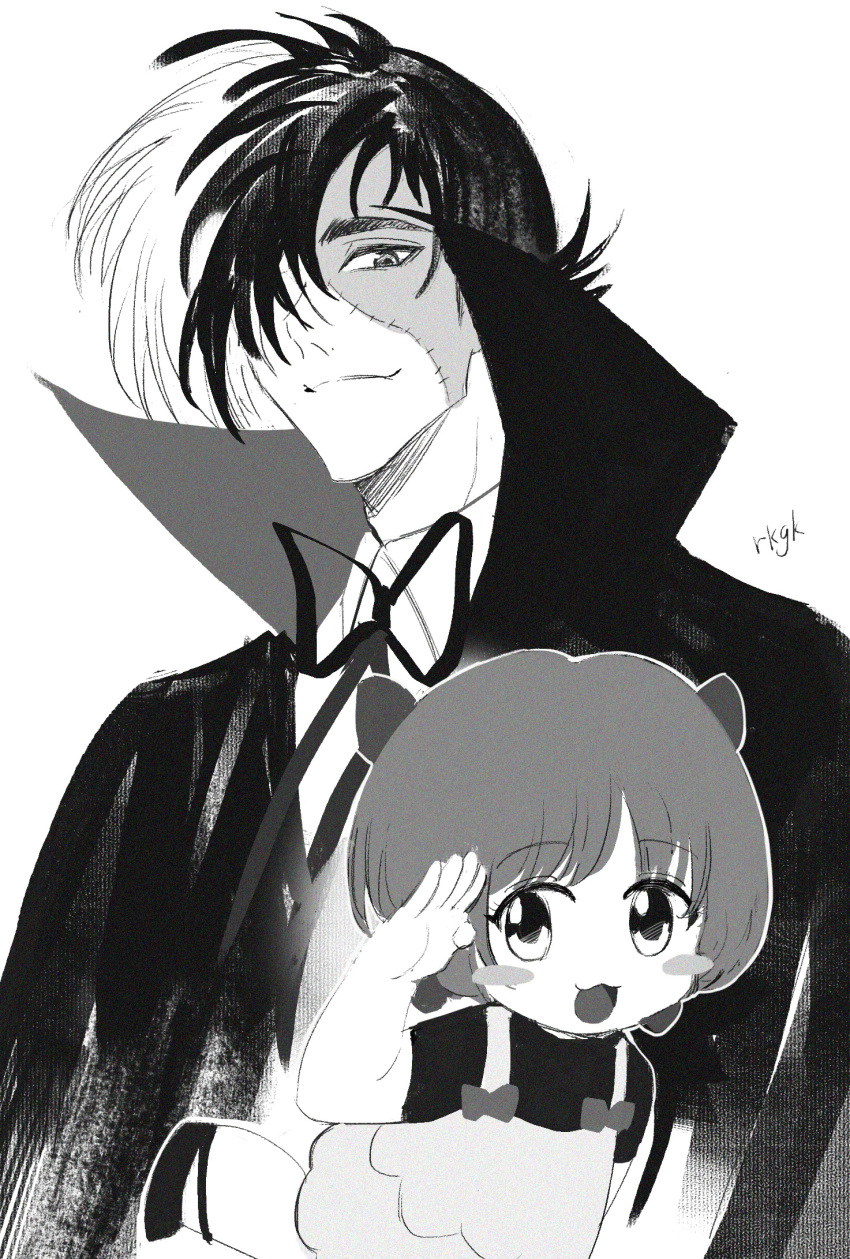 1boy 1girl :3 black_jack_(character) black_jack_(series) blush_stickers bob_cut bow closed_mouth coat collared_shirt dress greyscale hair_bow hair_over_one_eye highres leg_up looking_at_viewer mary_janes monochrome multicolored_hair multiple_hair_bows mystical_high_collar neck_ribbon open_mouth patchwork_skin pinafore_dress pinoko ribbon salute scar scar_on_face shirt shoes short_hair short_sleeves simple_background sio2_(whynotkarma) sleeveless sleeveless_dress split-color_hair thick_eyebrows two-tone_hair