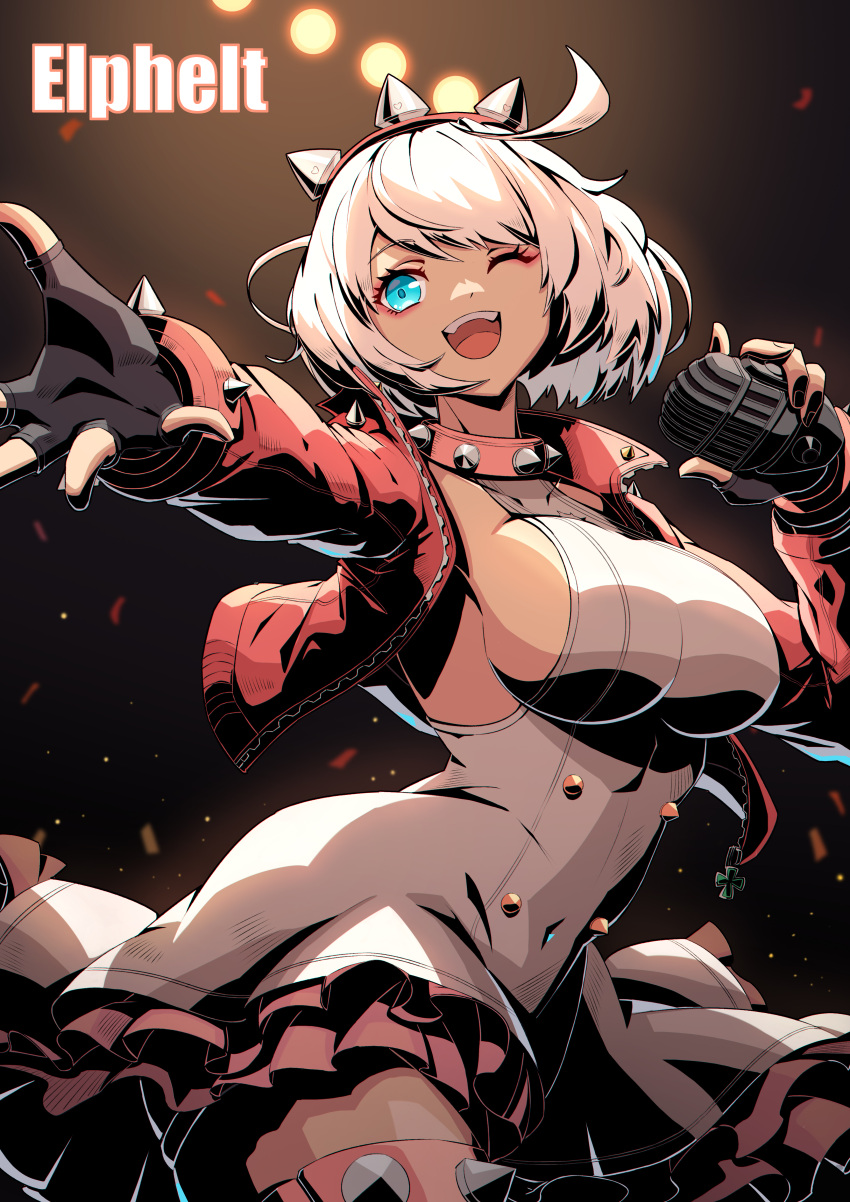 1girl absurdres ahoge aqua_eyes black_gloves blue_dress bracelet breasts collar confetti cowboy_shot dress elphelt_valentine fingerless_gloves gloves guilty_gear guilty_gear_strive highres holding holding_microphone jewelry kumolin33 large_breasts microphone one_eye_closed open_mouth pink_bracelet pink_collar short_hair sideboob sleeveless sleeveless_dress solo spiked_bracelet spiked_collar spikes white_hair