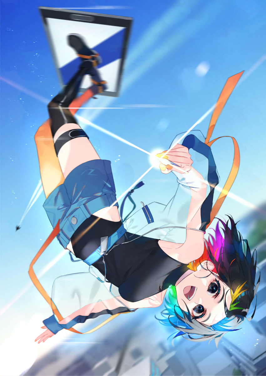 1girl absurdres aircraft airplane bad_id bad_pixiv_id black_eyes black_hair black_leotard black_thighhighs blonde_hair blue_hair blue_jacket blue_shorts breasts colored_inner_hair contrail day fingernails full_body green_hair highres holding holding_pen jacket jacket_partially_removed leotard long_sleeves lowleg lowleg_shorts medium_breasts medium_hair mizumi_zumi multicolored_hair nail_polish open_mouth orange_nails orange_ribbon original outdoors oversized_object pantyhose partially_unzipped pen phone pink_hair rainbow_hair red_hair ribbon see-through see-through_jacket see-through_sleeves short_shorts shorts sideboob sleeveless_turtleneck_leotard sleeves_past_wrists smile solo streaked_hair teeth thigh_strap thighhighs upper_teeth_only upside-down zipper_pull_tab