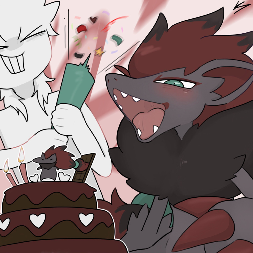 1:1 ambiguous_gender anthro biped birthday_cake black_body black_fur blush cake dessert duo female food fur generation_5_pokemon green_eyes grey_body grey_fur hi_res human mammal nintendo open_mouth pokemon pokemon_(species) red_body red_fur svkhaiminh zoroark