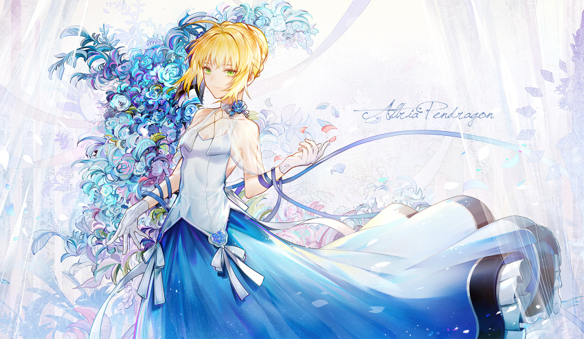 1girl adapted_costume ahoge alternate_costume arm_ribbon artoria_pendragon_(fate) bai_qi-qsr blonde_hair blue_flower blue_ribbon blue_rose blue_skirt bow braid breasts character_name choker cleavage closed_mouth commentary_request crown_braid curtains english_commentary fate/grand_order fate_(series) feet_out_of_frame flower flower_choker green_eyes hair_bun highres long_skirt looking_at_viewer medium_breasts mixed-language_commentary outstretched_hand petals ribbon rose see-through_capelet shirt shirt_bow short_hair side_slit sideboob single_hair_bun skirt sleeveless sleeveless_shirt smile solo white_background white_bow white_choker white_shirt