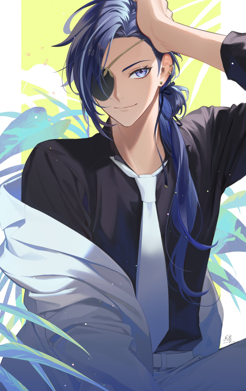 1boy absurdres alternate_costume black_shirt blue_eyes blue_hair closed_mouth dark-skinned_male dark_skin earrings eyepatch genshin_impact hair_between_eyes highres jacket jewelry kaeya_(genshin_impact) long_hair male_focus necktie noes ponytail shirt smile solo white_jacket white_necktie