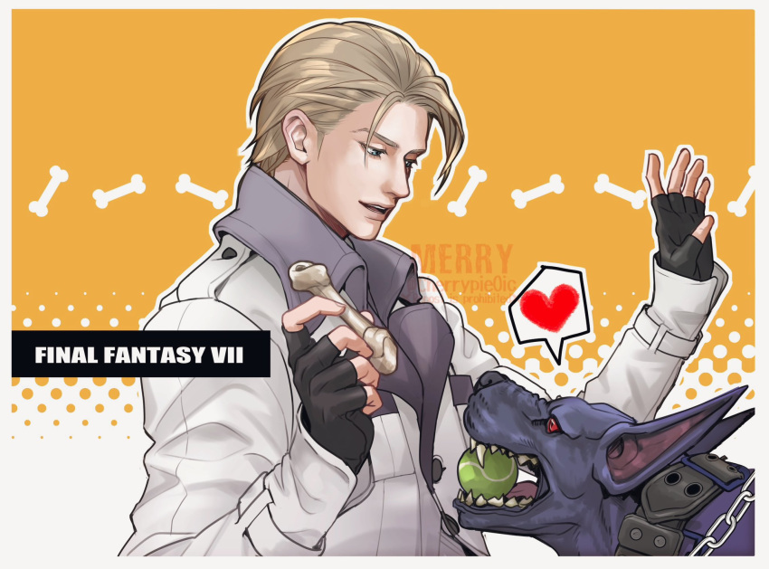 2boys animal animal_collar artist_name ball black_fur black_gloves blonde_hair blue_eyes bone chain coat collar dark_nation doberman dog final_fantasy final_fantasy_vii final_fantasy_vii_rebirth final_fantasy_vii_remake fingerless_gloves food gloves hair_slicked_back half-closed_eyes hand_up heart highres hitsuji_merry holding holding_food long_sleeves looking_at_another male_focus multiple_boys open_mouth orange_background parted_bangs red_eyes rufus_shinra sharp_teeth short_hair smile spoken_heart teeth tennis_ball white_coat