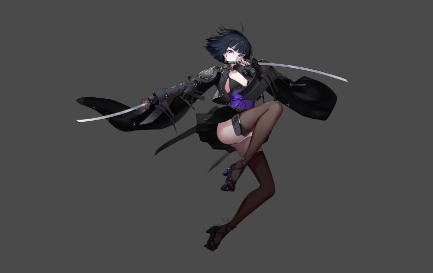 1girl absurdres armor belt black_belt black_dress black_gloves black_hair black_jacket blue_eyes brown_thighhighs commentary covered_mouth cropped_jacket dong_muxing dress dual_wielding eyeliner eyeshadow fingerless_gloves frilled_sash full_body geta gloves grey_background highres holding jacket katana long_sleeves looking_at_viewer makeup open_clothes open_jacket original panties pauldrons purple_footwear purple_ribbon purple_sash red_eyeliner red_eyeshadow ribbon sash short_hair shoulder_armor simple_background solo spiked_footwear sword thigh_belt thigh_strap thighhighs underwear vambraces weapon white_panties wide_sleeves