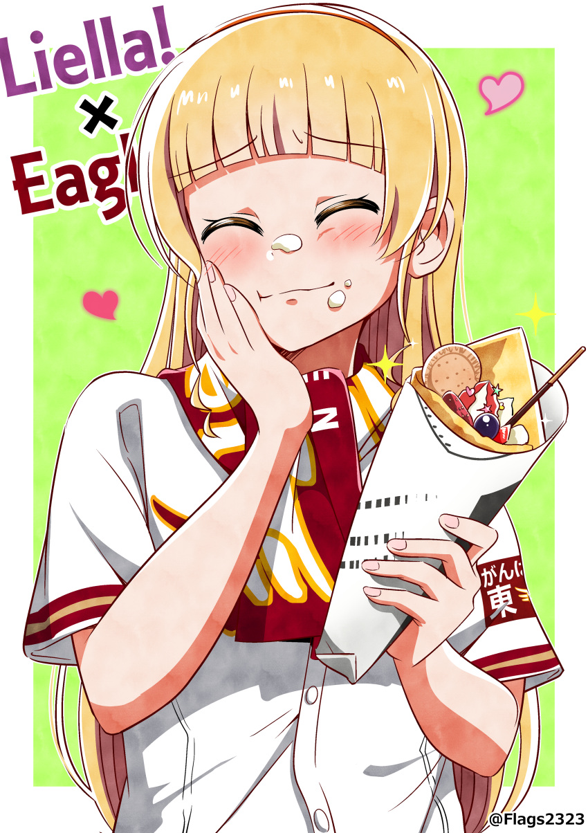 1girl absurdres blonde_hair blunt_bangs blush border closed_eyes closed_mouth commentary_request cream cream_on_face crepe facing_viewer food food_on_face furrowed_brow green_background group_name hand_on_own_cheek hand_on_own_face heanna_sumire heart highres holding holding_food ice_cream_crepe long_hair love_live! love_live!_superstar!! nippon_professional_baseball outside_border pakudehon red_scarf scarf shirt short_sleeves sidelocks solo sparkle standing touhoku_rakuten_golden_eagles twitter_username upper_body white_border white_shirt