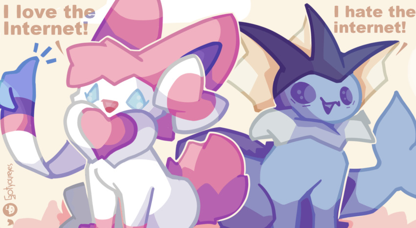 duo eeveelution feral generation_1_pokemon generation_6_pokemon gotyoureyes meme nintendo pokemon pokemon_(species) simple_background sitting sylveon text vaporeon