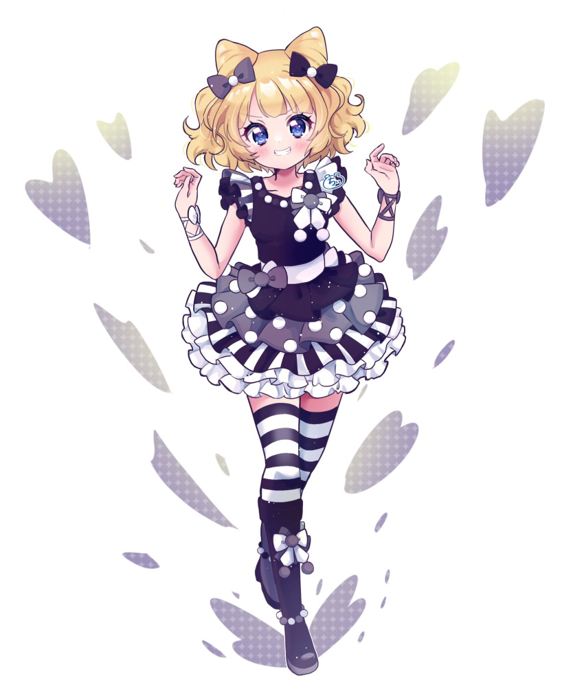 1girl black_bow black_dress black_footwear blonde_hair blue_eyes blunt_bangs blush bow chii_(chi_pppuri) commentary_request cone_hair_bun double_bun dress full_body grin hair_bow hair_bun hands_up highres idol_clothes looking_at_viewer minami_mirei open_mouth pretty_series pripara short_hair smile solo standing striped_clothes striped_thighhighs thighhighs