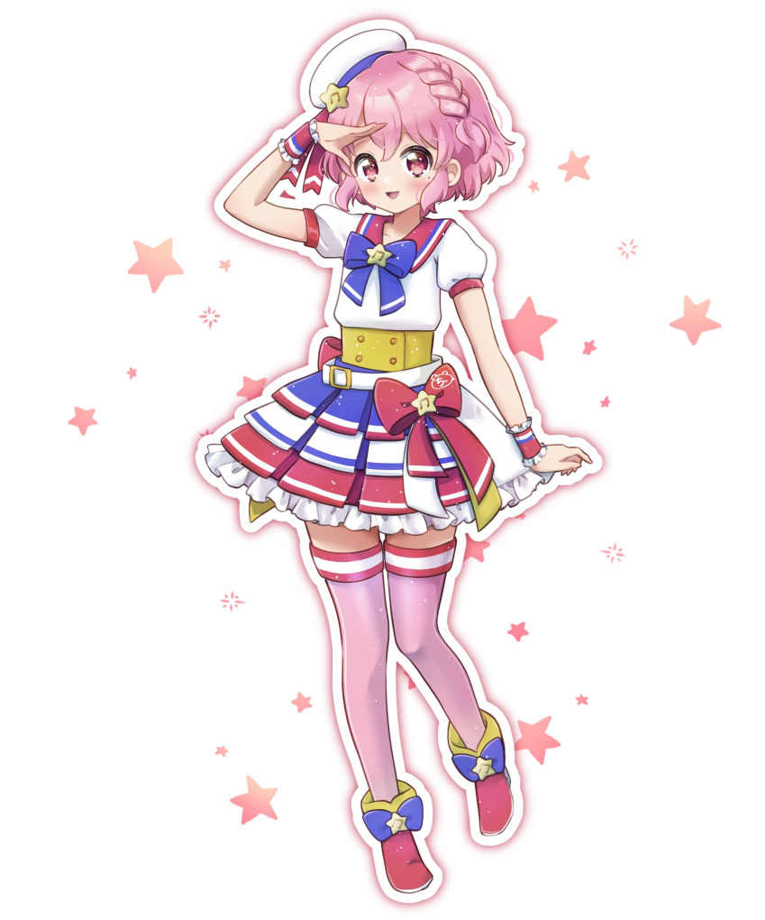 1boy :d blush braid chii_(chi_pppuri) commentary_request crossdressing dress frilled_dress frills full_body hand_up highres idol_clothes looking_at_viewer mole mole_under_eye open_mouth otoko_no_ko pink_eyes pink_footwear pink_hair pink_thighhighs pretty_series pripara red_ribbon red_sailor_collar reona_west ribbon sailor_collar shoes short_hair short_sleeves side_braid smile solo standing star_(symbol) thighhighs white_background wrist_cuffs