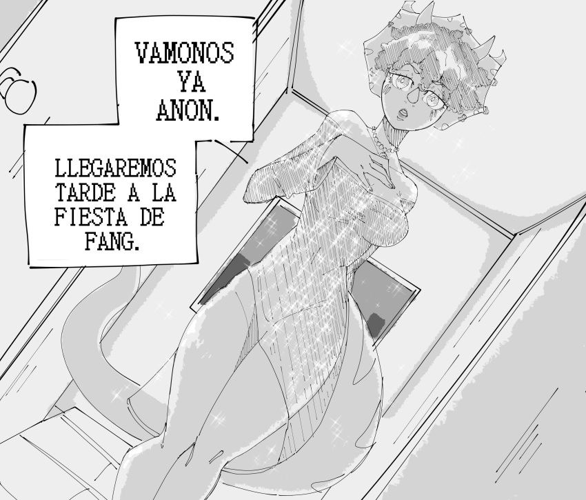 2024 3_horns absurd_res anthro black_and_white breasts ceratopsian clothing dialogue dinosaur doorway dress eyelashes female fingers frill_(anatomy) goodbye_volcano_high hair hi_res horn long_tail monochrome multi_horn ornithischian reptile scalie short_hair sketch solo spanish_text tail text translation_check translation_request triceratops trish_(gvh) yonstar_studios