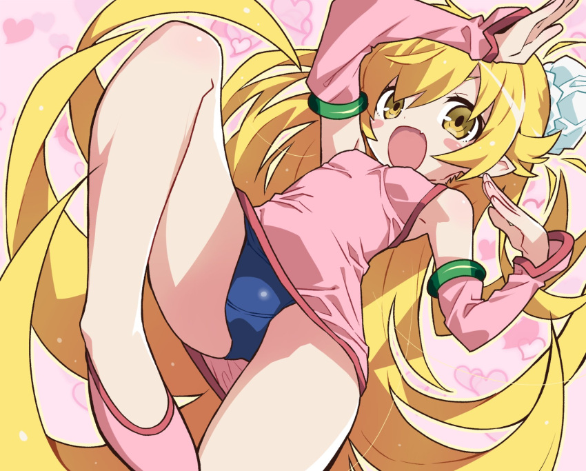 1girl bakemonogatari blonde_hair blue_one-piece_swimsuit blush_stickers breasts china_dress chinese_clothes detached_sleeves dress fang from_below highres leg_up long_hair looking_at_viewer monogatari_(series) one-piece_swimsuit open_mouth oshino_shinobu pink_dress small_breasts solo swimsuit swimsuit_under_clothes take_shinobu very_long_hair yellow_eyes