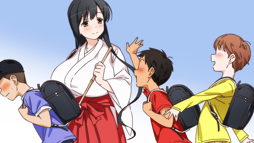 1girl 3boys age_difference breasts japanese_clothes large_breasts miko multiple_boys shota