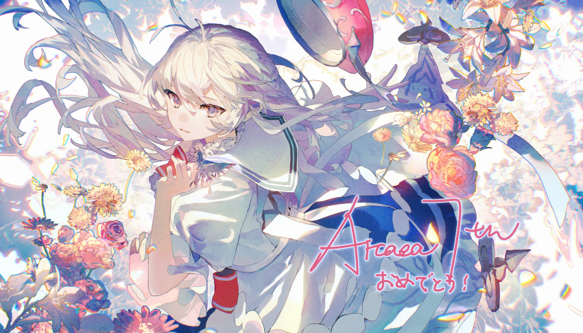 1girl arcaea braid copyright_name dress falling_petals floating_hair flower frills hair_between_eyes hand_up hat highres hikari_(arcaea) holding lobelia_(saclia) long_hair looking_at_viewer parted_lips petals pink_flower puffy_short_sleeves puffy_sleeves rose sailor_collar sailor_dress short_sleeves skirt solo unworn_hat unworn_headwear white_dress white_hair white_sailor_collar