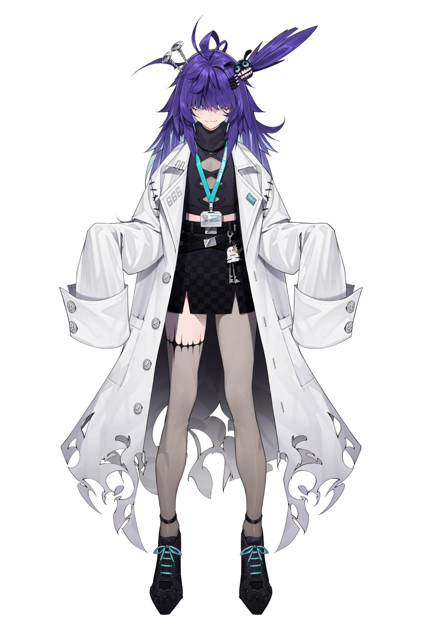 1girl absurdres ahoge asymmetrical_legwear black_footwear black_shirt black_skirt blue_eyes blue_hair charm_(object) closed_mouth crescent crop_top dr.nova(e) english_text full_body ghost gradient_hair hair_ornament hair_over_eyes highres id_card kamameshi_gougoumaru key lab_coat lanyard long_sleeves miniskirt multicolored_hair object_through_head official_art purple_hair screw_in_head see-through shirt skirt sleeves_past_fingers sleeves_past_wrists smile solo standing torn_clothes torn_coat transparent_background turtleneck v4mirai virtual_youtuber