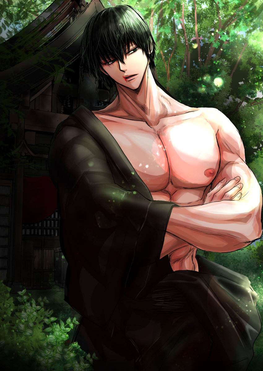 1boy absurdres artist_request bare_pectorals black_hair cowboy_shot fushiguro_touji green_eyes hadanugi_dousa head_tilt highres house jujutsu_kaisen large_pectorals male_focus mature_male muscular muscular_male nature nipples pectorals scar scar_on_face scar_on_mouth short_hair sideways_glance solo sunlight tree