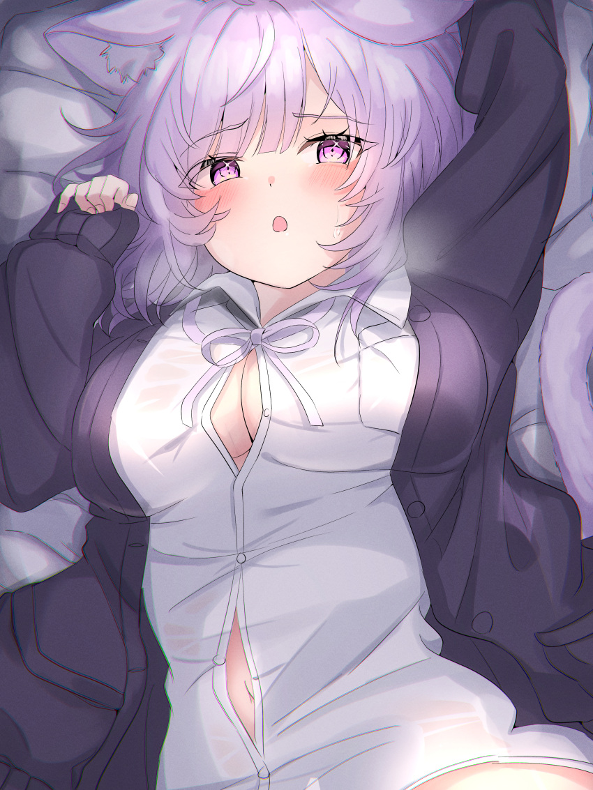 1girl absurdres animal_ear_fluff animal_ears black_jacket blush breasts cat_ears cat_girl cat_tail cleavage collared_shirt commentary highres hololive jacket large_breasts lying navel neck_ribbon nekomata_okayu nekomata_okayu_(oversized_shirt) on_back on_bed open_clothes open_jacket open_mouth purple_eyes purple_hair purple_ribbon ribbon shirt solo tail virtual_youtuber white_shirt yunon_oto_mad