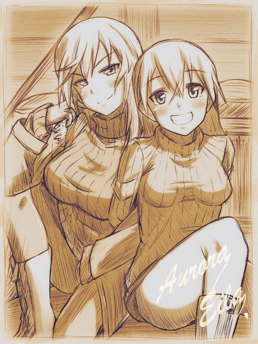 2girls absurdres aurora_e._juutilainen blush breasts character_name eila_ilmatar_juutilainen grin highres indoors large_breasts long_hair looking_at_viewer monochrome multiple_girls siblings sisters sitting smile strike_witches sweater tama_kitsune world_witches_series