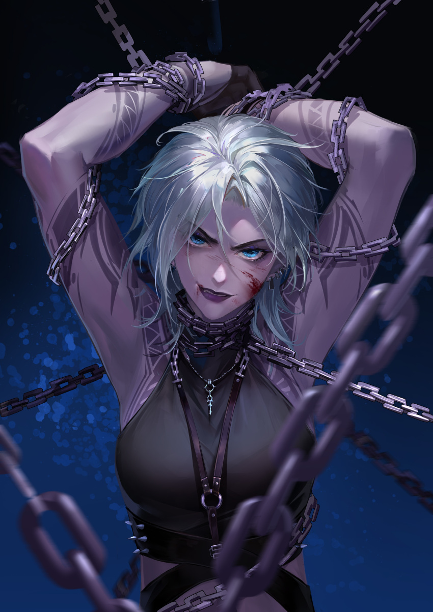 1girl absurdres aqua_hair arm_tattoo arms_up bare_arms black_gloves blood blood_on_face blue_eyes bound breasts chain chained chinese_commentary commentary cropped_shirt fang gloves half_gloves highres jewelry looking_at_viewer medium_breasts medium_hair midriff necklace path_to_nowhere purple_lips qingci restrained shirt sleeveless sleeveless_shirt smile solo straight-on tattoo tied_up_(nonsexual) upper_body zoya_(path_to_nowhere)