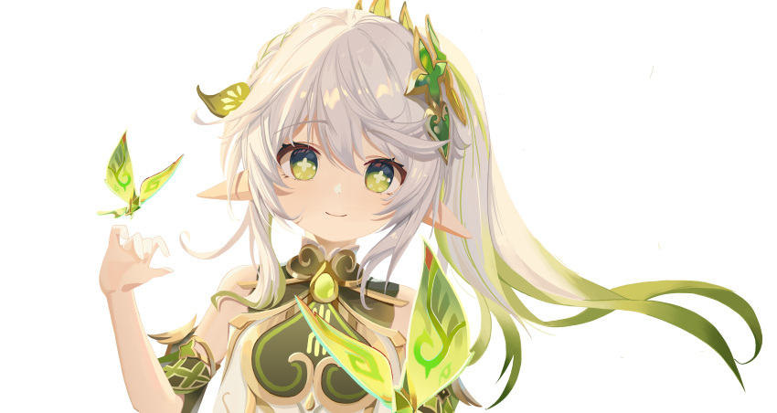 1girl absurdres bare_shoulders blhazx bug butterfly chinese_commentary closed_mouth commentary_request cross-shaped_pupils detached_sleeves eyelashes floating_hair genshin_impact gradient_hair green_butterfly green_eyes green_hair green_sleeves grey_hair hair_ornament hand_up highres leaf_hair_ornament long_hair looking_at_viewer multicolored_hair nahida_(genshin_impact) pointy_ears side_ponytail sidelighting sidelocks smile solo symbol-shaped_pupils tareme upper_body